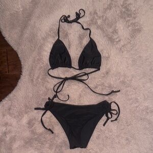 Zeraca Chic Black Bikini Set Triangle Tie Top Ruched Bottom with Side Ties Small